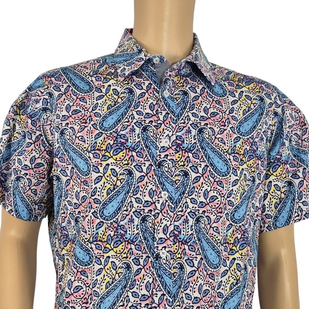 CREMIEUX PREMIUM DENIM Mens Size L Paisley Shirt Blue Pink Short Sleeve (55)